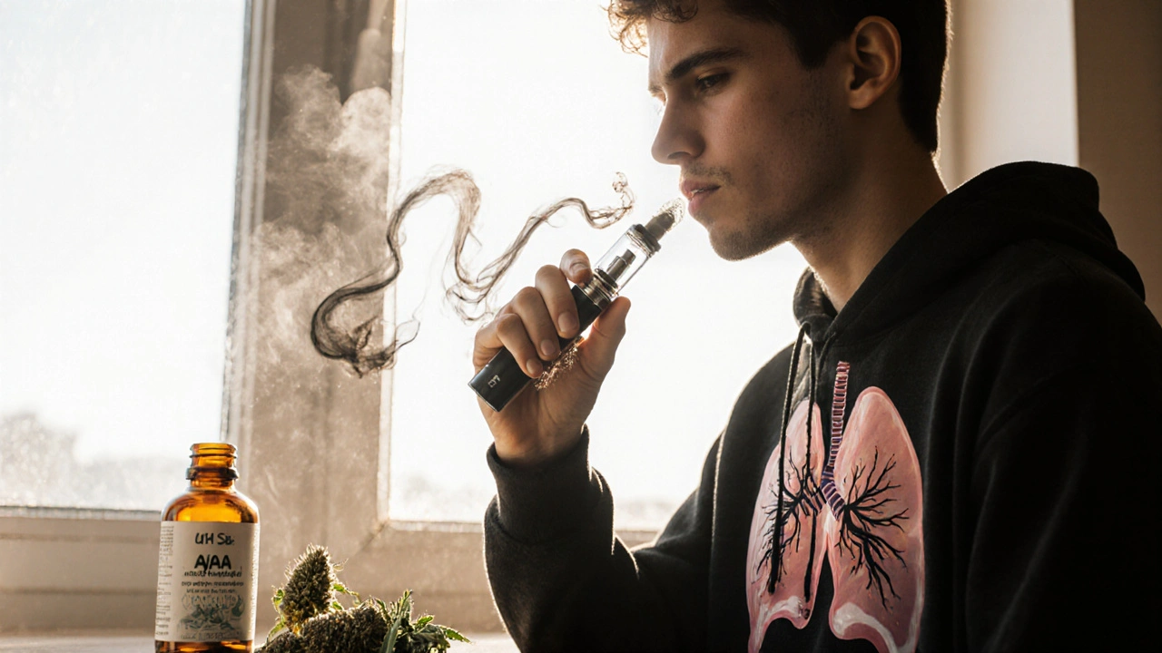 Junge Person mit HHC-Vape, beschädigte Lunge im Hintergrund, neben ihr sichere Alternativen wie CBD und Kräuter.