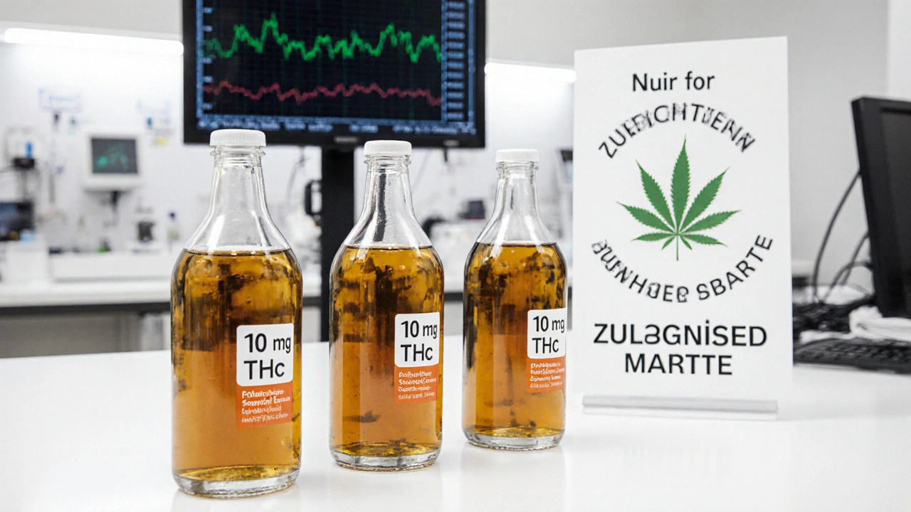 Klinisch geordnete THC-Getränke mit klaren Etiketten in einem Labor.