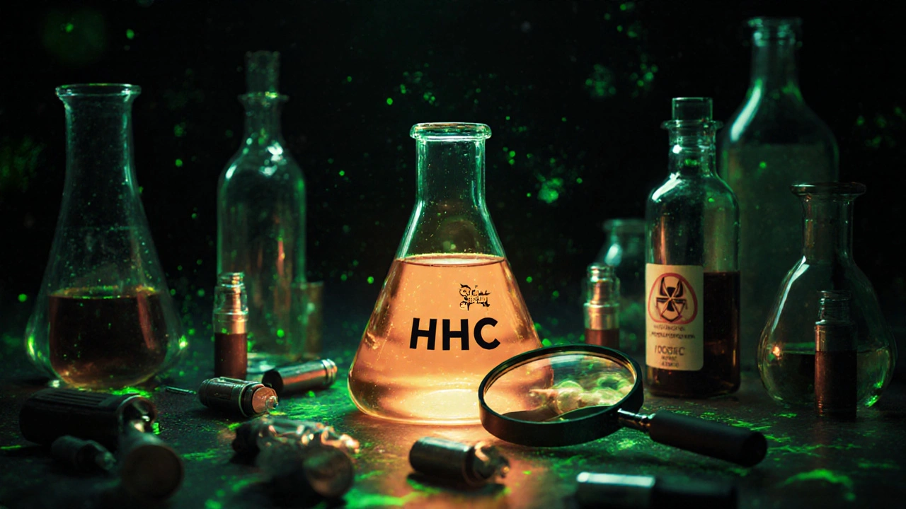 Laborbecher mit HHC-Flüssigkeit, umgeben von unmarkierten Vape-Kartuschen und toxischen Verunreinigungen.