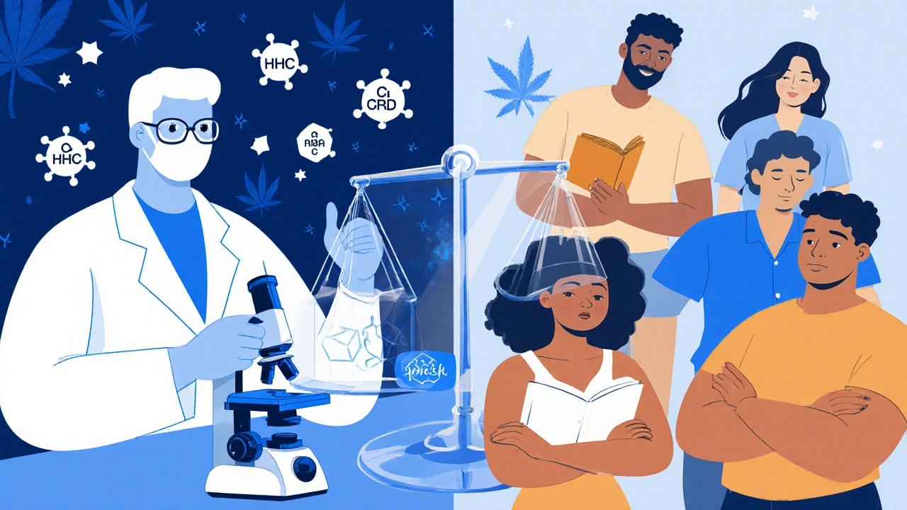 Linker Teil: Labor mit Molekülen, rechter Teil: Menschen in Ruhe — Symbol für Wirkung und Risiko von HHCO.