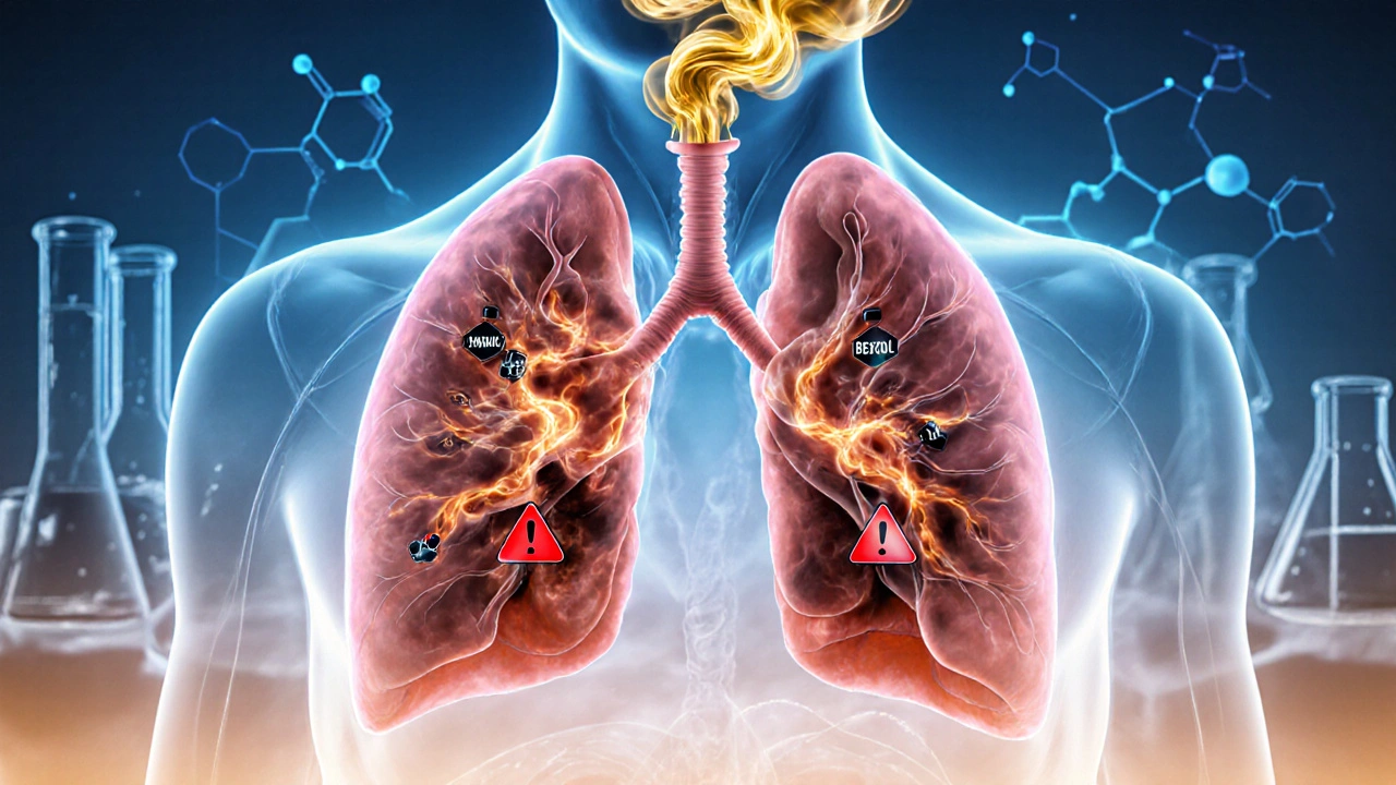 Menschliche Lunge mit chemischen Giftstoffen aus HHC-Rauch, die das Gewebe angreifen.