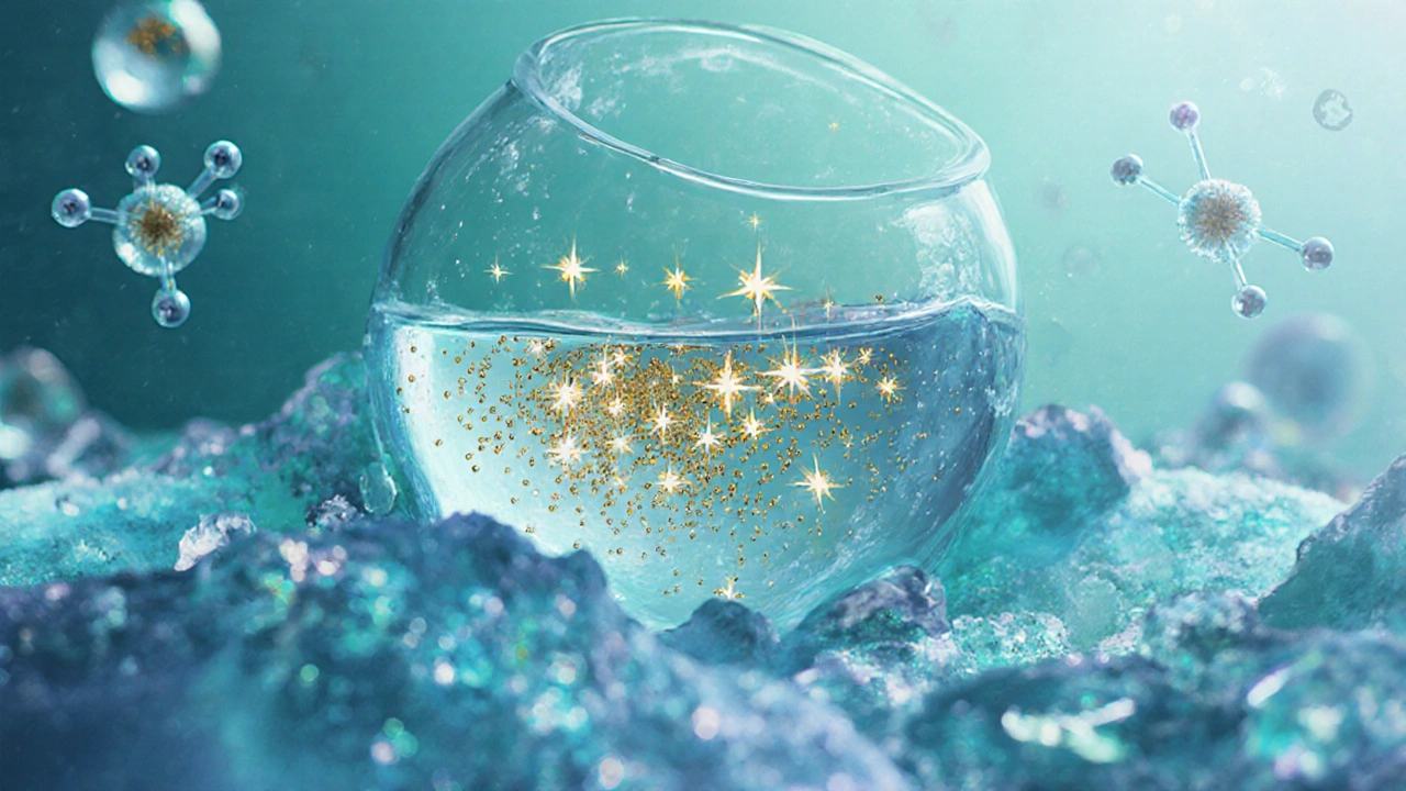 Mikroskopische Cannabis-Partikel in Wasser, golden leuchtend, molekulare Strukturen im Hintergrund.