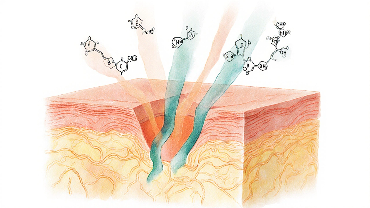 Mikroskopische Darstellung der Hautschichten mit CBG-Molekülen, die in Metaboliten zerfallen.
