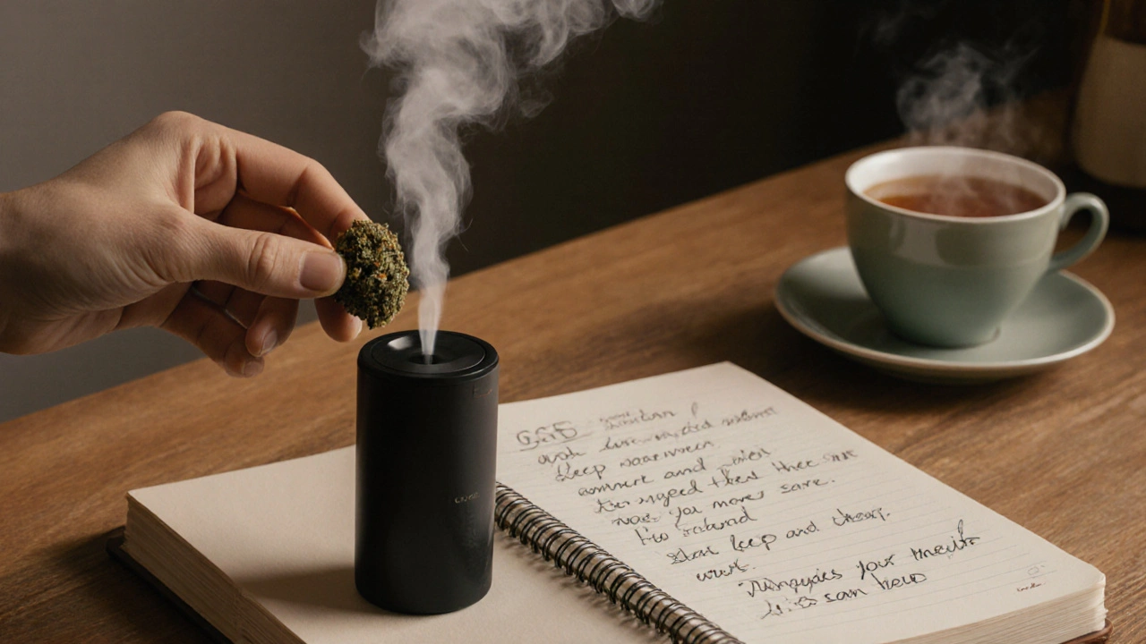 Morgendliches Ritual mit CBD-Blüten, Vaporizer und Notizbuch.