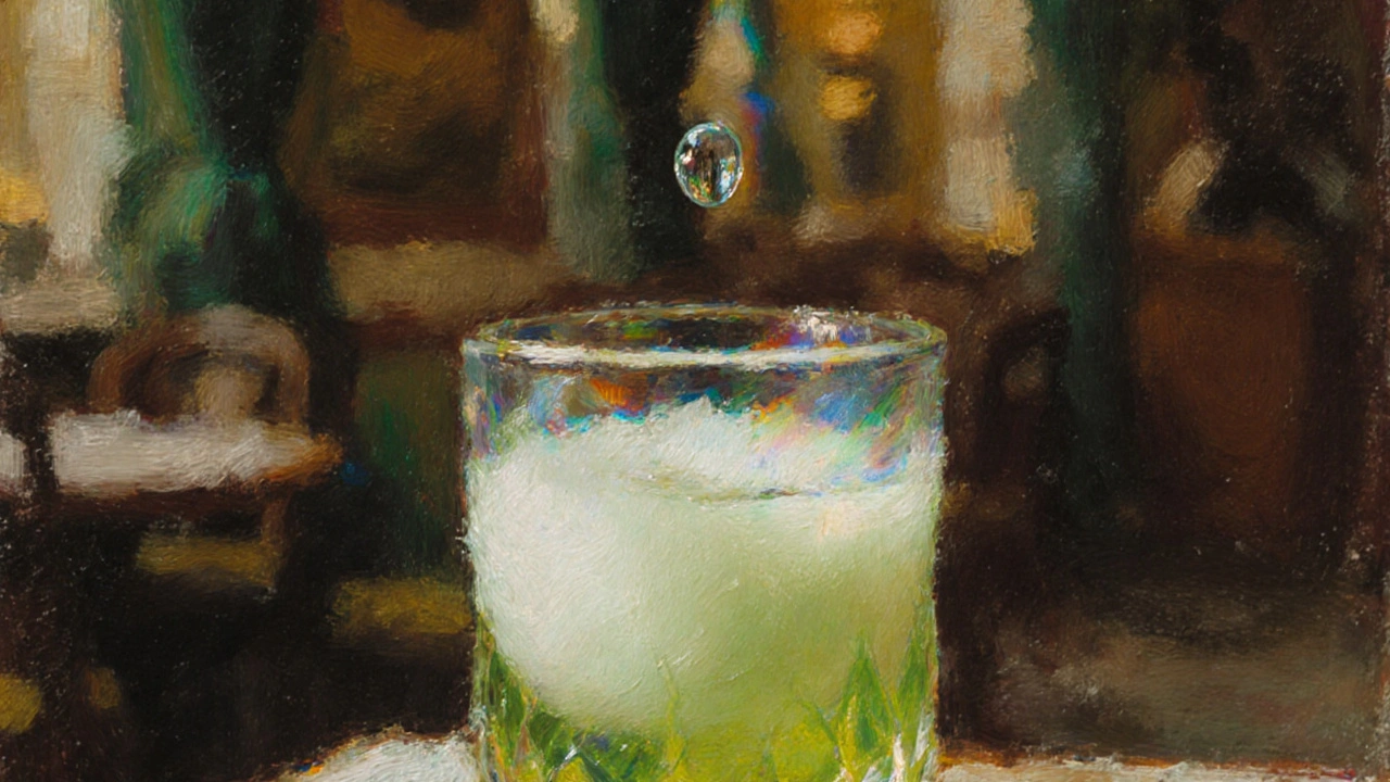 Nahansicht von verdünntem Absinth mit milchiger Trübung und Lichtreflexen, im Hintergrund alte Café-Atmosphäre.