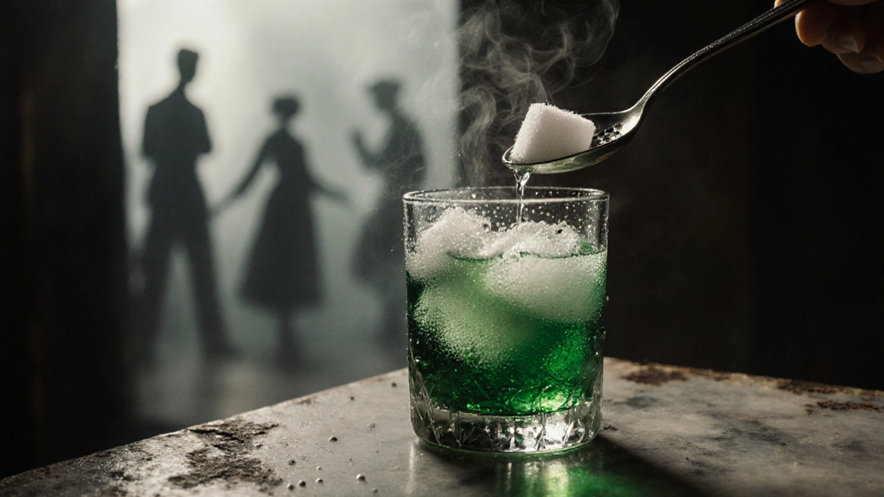 Nahaufnahme eines Absinthglases, das durch Wasser langsam trüb wird, mit sanften Dunstschleiern und verschwommenen Schatten im Hintergrund.