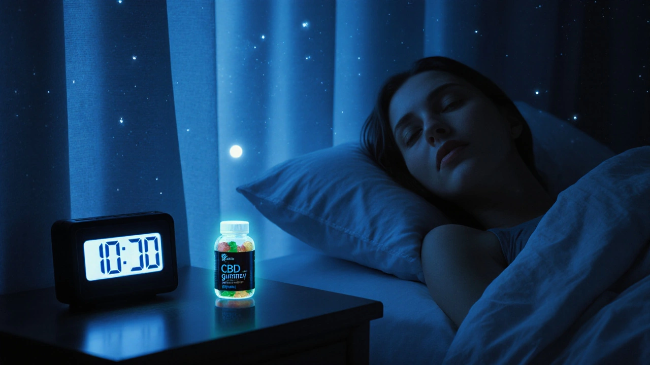 Person im Bett, entspannt, mit CBD-Gummibärchen auf dem Nachttisch bei Nachtlicht.