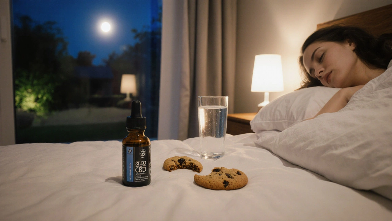 Person schläft friedlich im Bett, neben ihr eine CBD-Flasche und ein halb gegessenes Cookie bei Mondlicht.