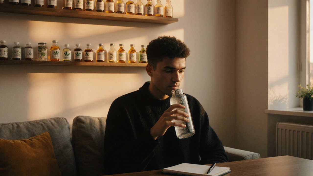 Person trinkt Iced Cannabis in einer ruhigen CBD-Lounge bei abendlichem Licht.