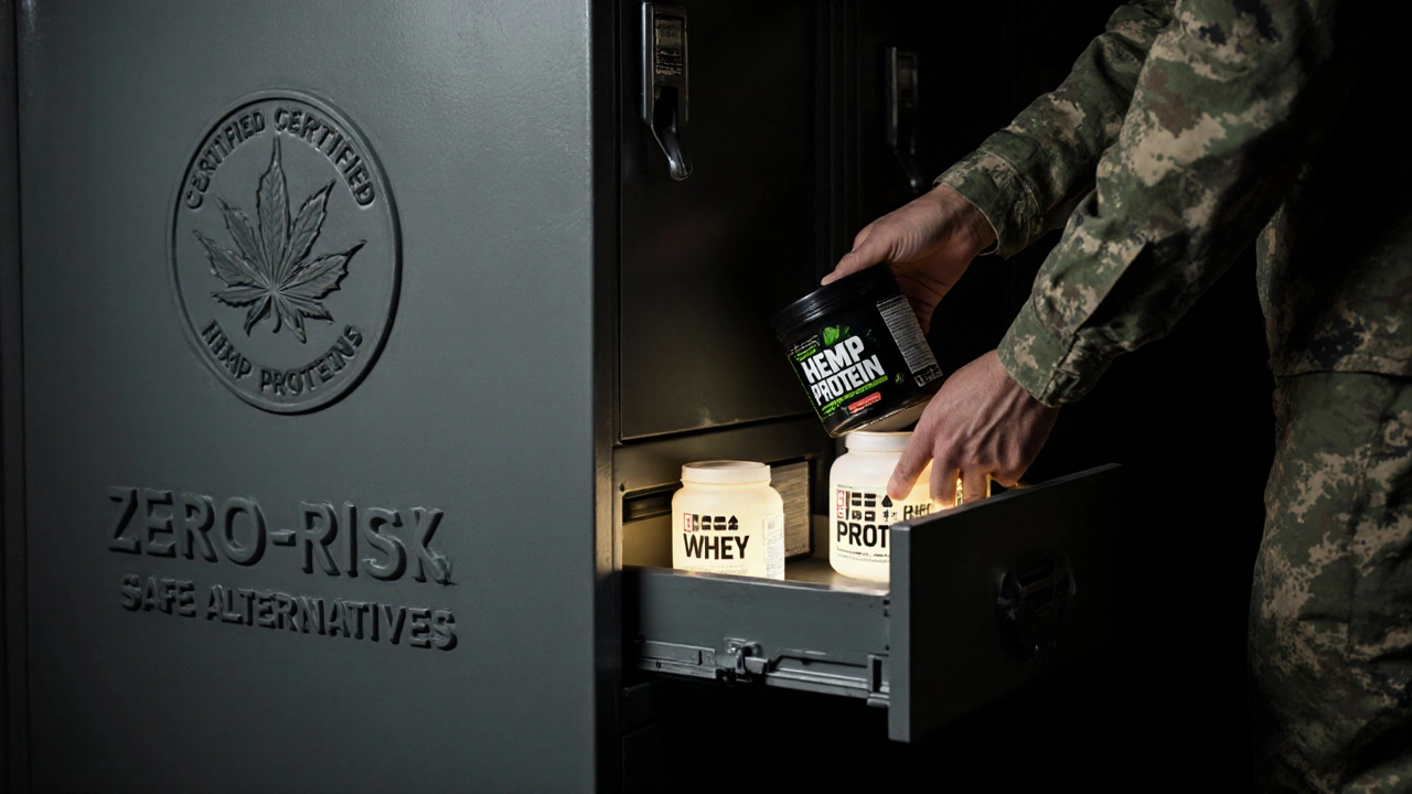 Soldat legt zertifiziertes Hemp-Protein in einen Schrank, während sichere Alternativen leuchten.