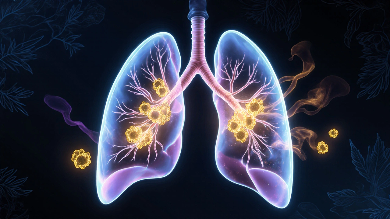 Transparenzdarstellung der Lunge mit CBD-Molekülen im Blutkreislauf.