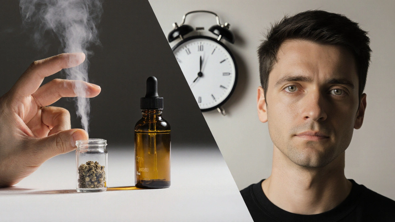 Vergleich: CBD-Crumble-Dampfen (entspannt) vs. CBD-Öl-Warten (angespannt), symbolische Bildteile.