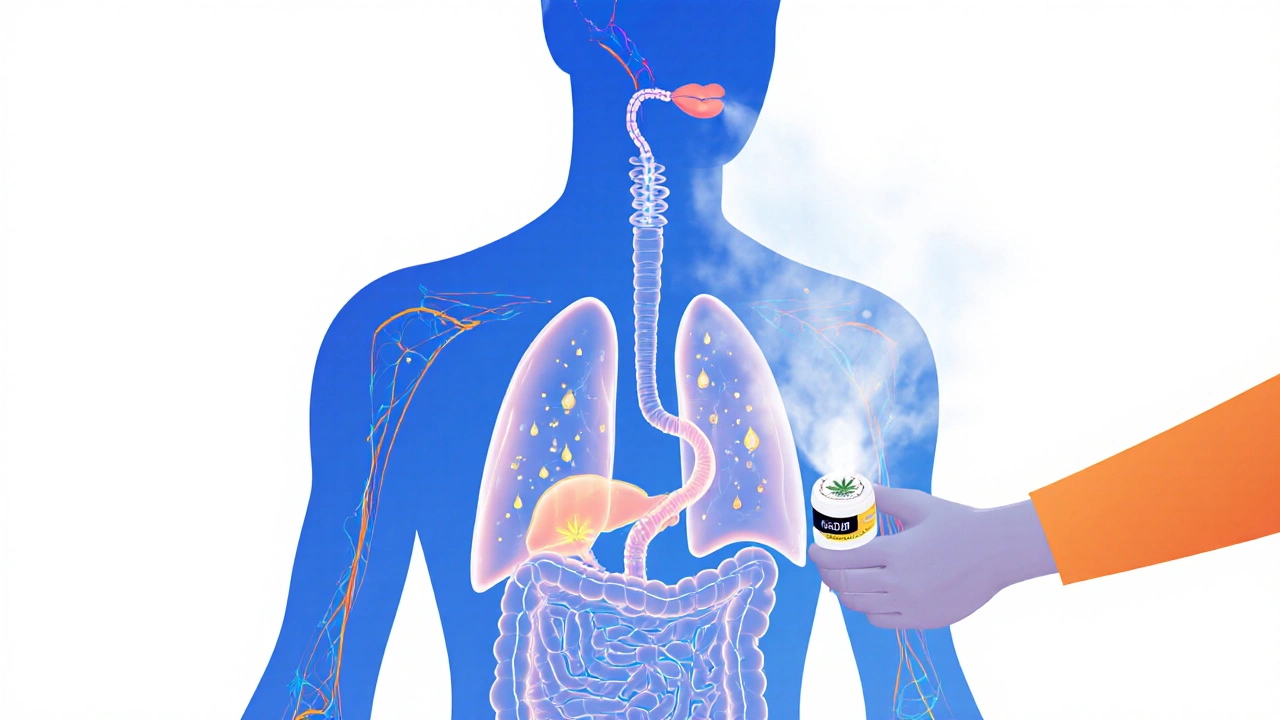 Vier Wege der CBD-Aufnahme: Zunge, Magen, Lunge und Haut, anatomisch dargestellt.