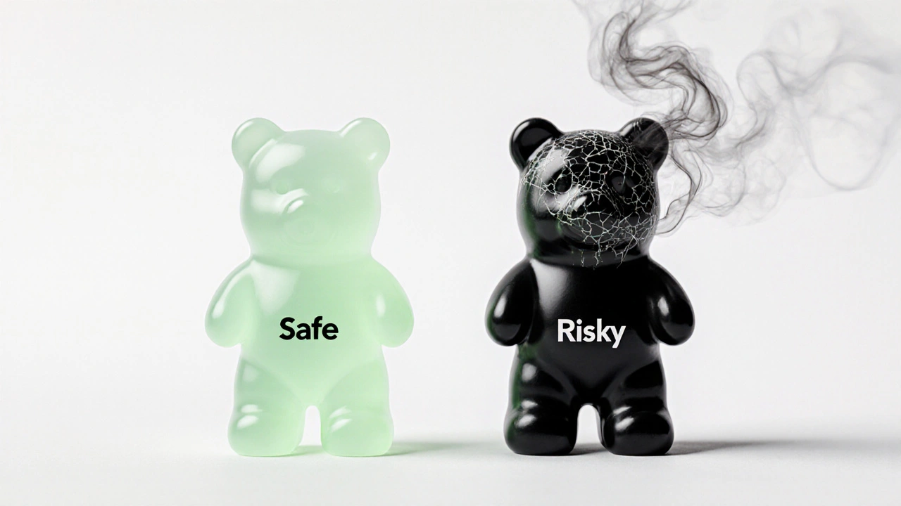 Zwei Gummibärchen, eines sicher, eines mit Rauch – visueller Vergleich von Konsumformen.