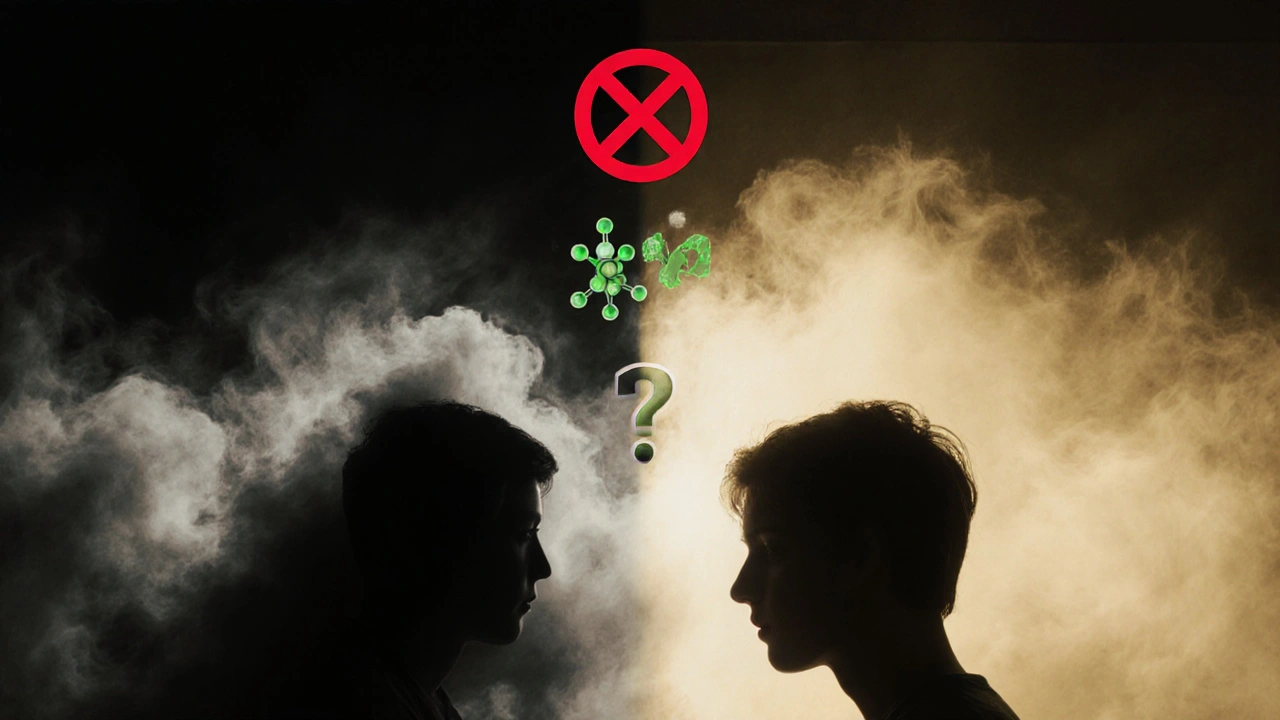 Zwei menschliche Silhouetten, eine von dunklen Wolken umgeben, die andere von sanftem Licht umgeben, symbolisieren unterschiedliche Wirkungen.