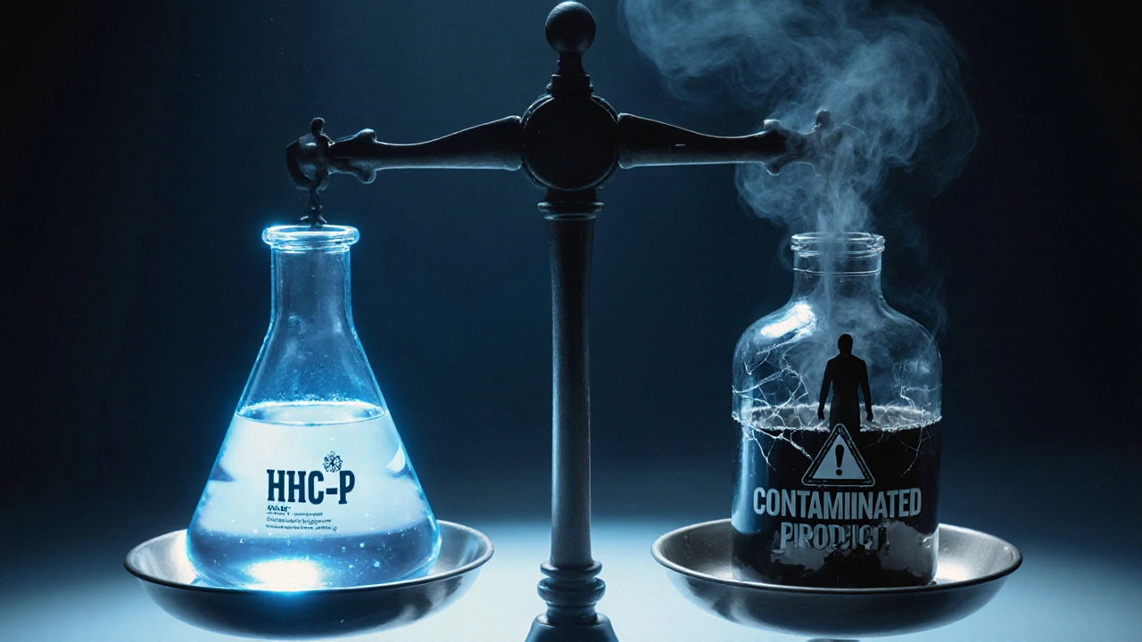 Zwei Waagschalen: eine mit reinem HHC-P, die andere mit kontaminiertem Produkt – Symbol für rechtliche und gesundheitliche Unsicherheit.