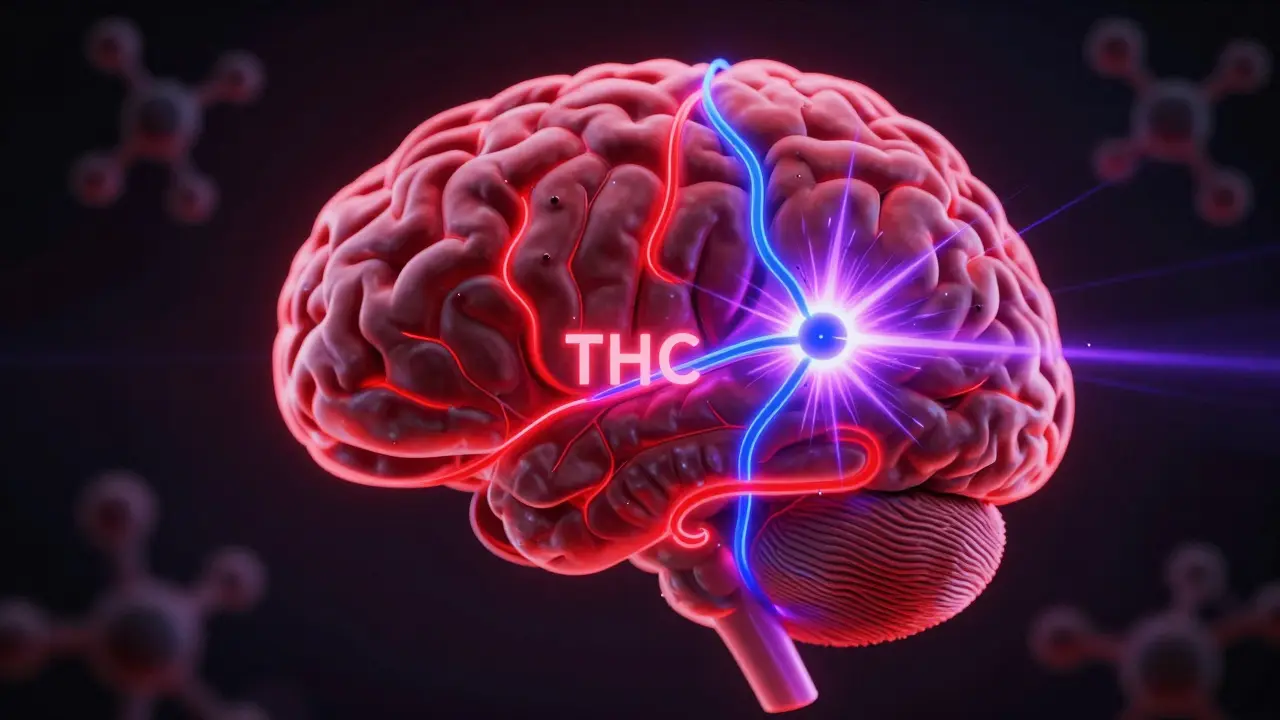 Abstrakte Darstellung eines Gehirns mit zwei unterschiedlich starken Wirkwegen: THC und HHC-P.