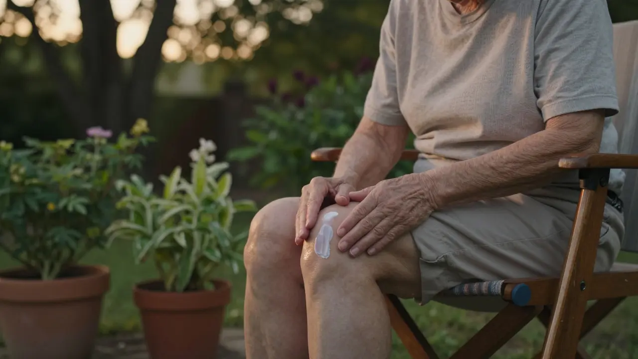 Ältere Person massiert CBN-Creme auf das Knie im Gartenabendlicht