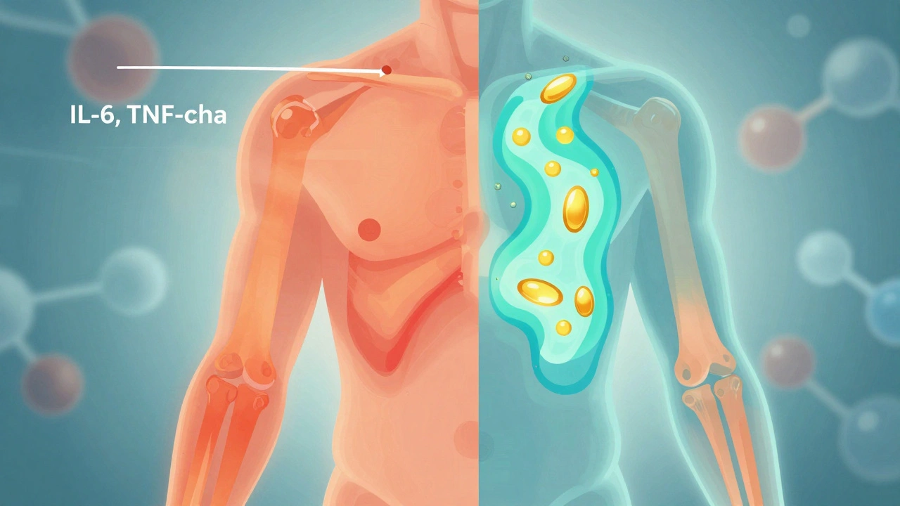 Aufgesplittete Darstellung entzündeter Gelenke, die durch CBD- und Omega-3-Moleküle beruhigt werden.