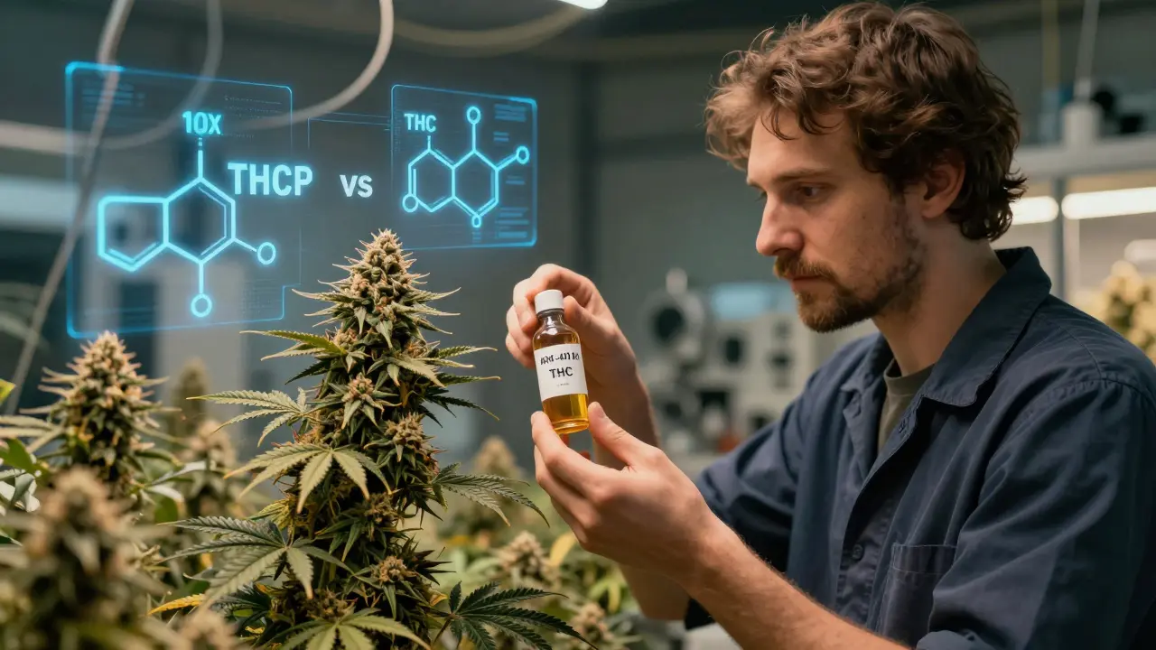 Cannabis-Züchter mit THCP-Extrakt und molekularen Darstellungen von THCP und THC im Hintergrund.