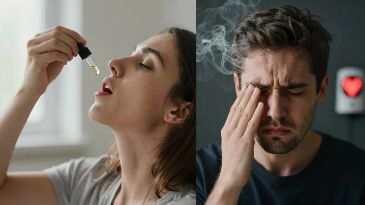 Contrast between safe CBD oil use and risky dabbing, showing calm vs. stressed states.