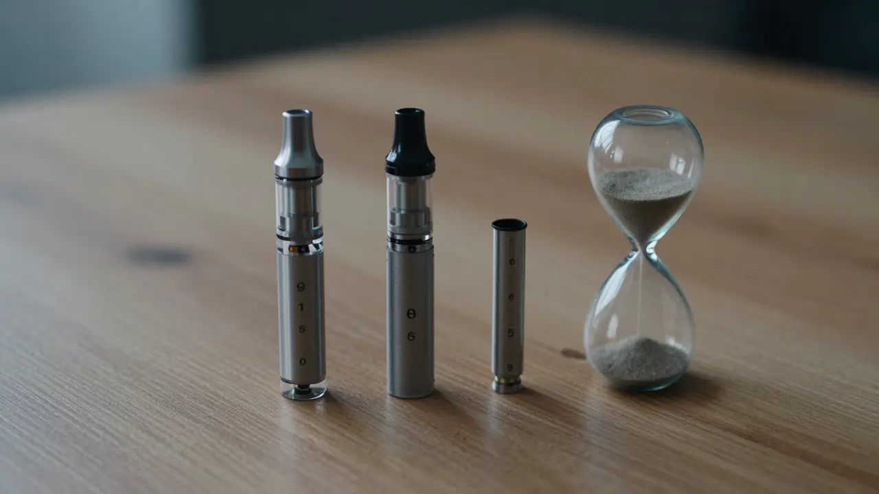 Drei CBD-Kartuschen mit Stundenglas, symbolisieren Wirkdauer und Haltbarkeit.