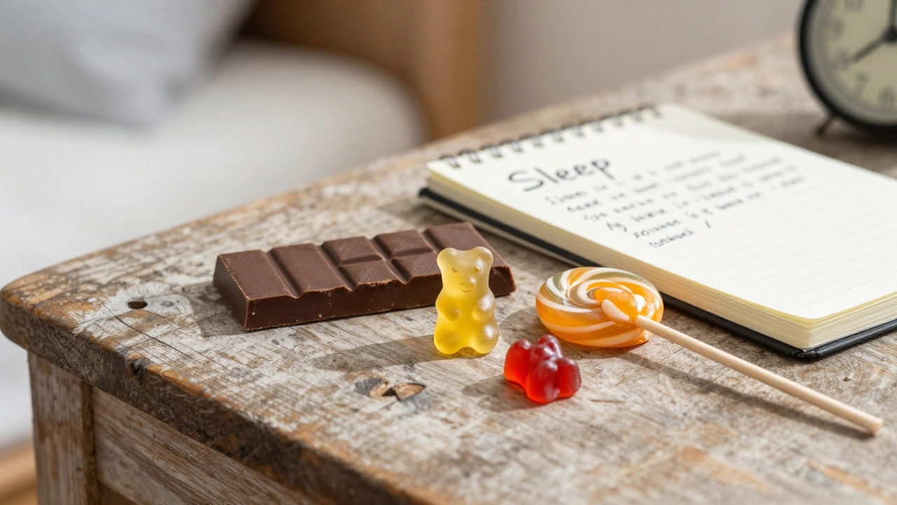 Drei CBD-Süßigkeiten auf Holzoberfläche neben einem Notizbuch mit handschriftlichen Notizen.