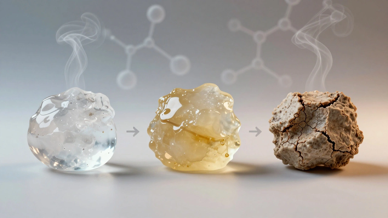 Drei Zustände von CBD-Shatter: frisch, abgebaut, verunreinigt