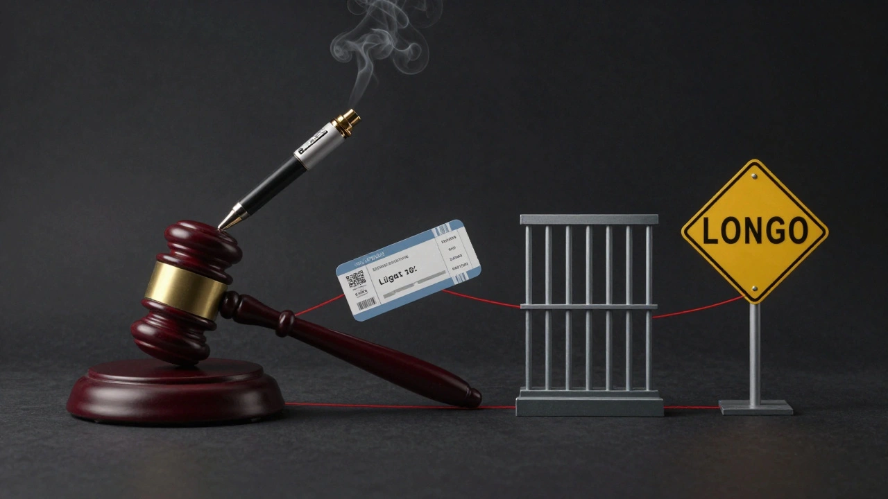 Ein Dab-Pen verwandelt sich symbolisch in rechtliche Konsequenzen wie Gericht, Flugticket und Grenze.