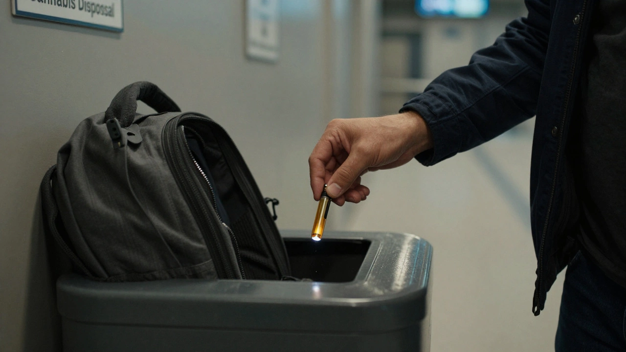 Ein Reisender wirft einen Dab-Pen vor der Sicherheitskontrolle in einen Mülleimer.