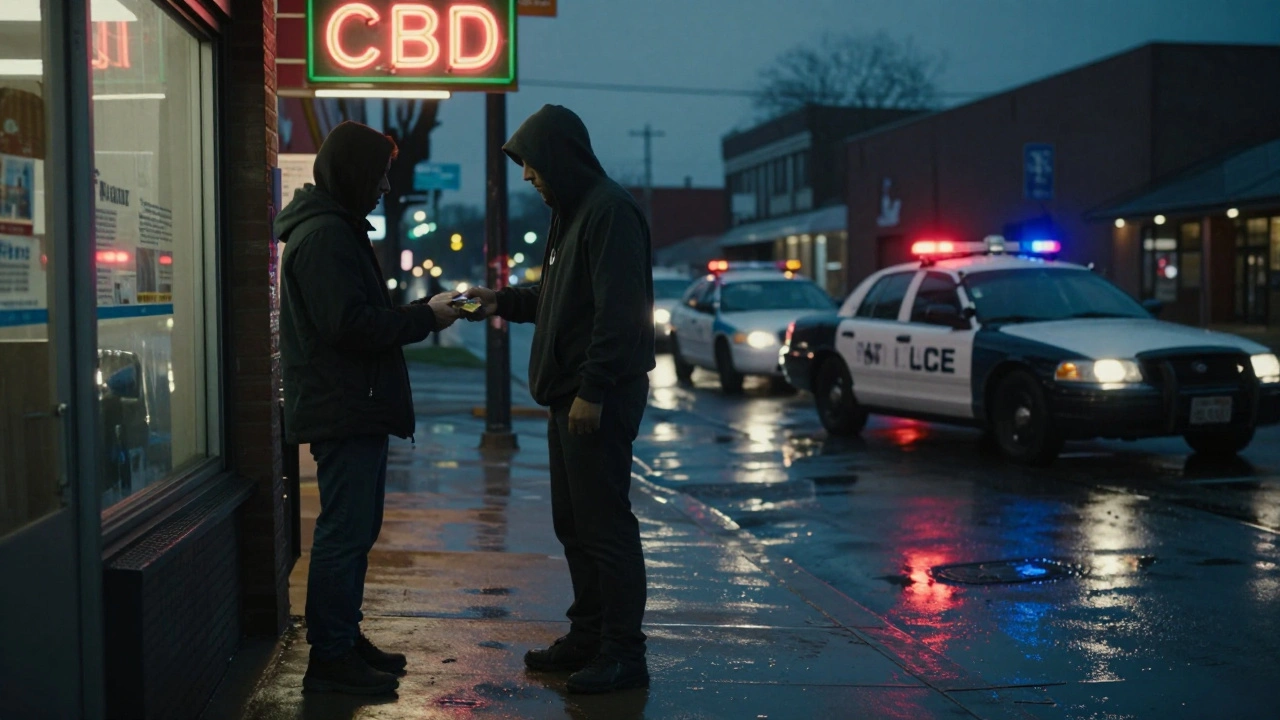 Eine dunkle Straßenecke in den USA, wo jemand ein HHC-Paket übergibt, während eine Polizeiauto in der Ferne steht.