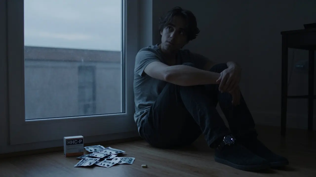 Eine Person in einem dunklen Zimmer, von der lang anhaltenden Wirkung von HHC-P überwältigt.