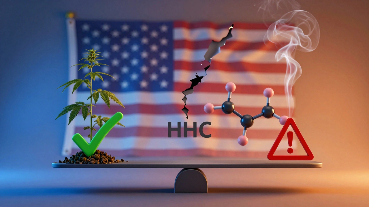 Eine Waage balanciert Hanf gegen eine HHC-Molekülstruktur, symbolisiert die rechtliche Unsicherheit in den USA.