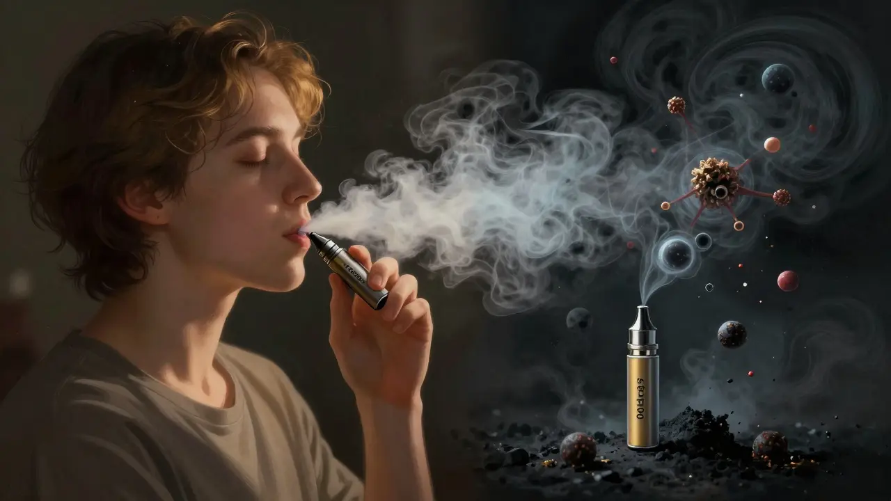 Gesicht eines Nutzers mit Delta-8-Dampf: eine Hälfte ist friedlich, die andere von giftigen Molekülen durchzogen.