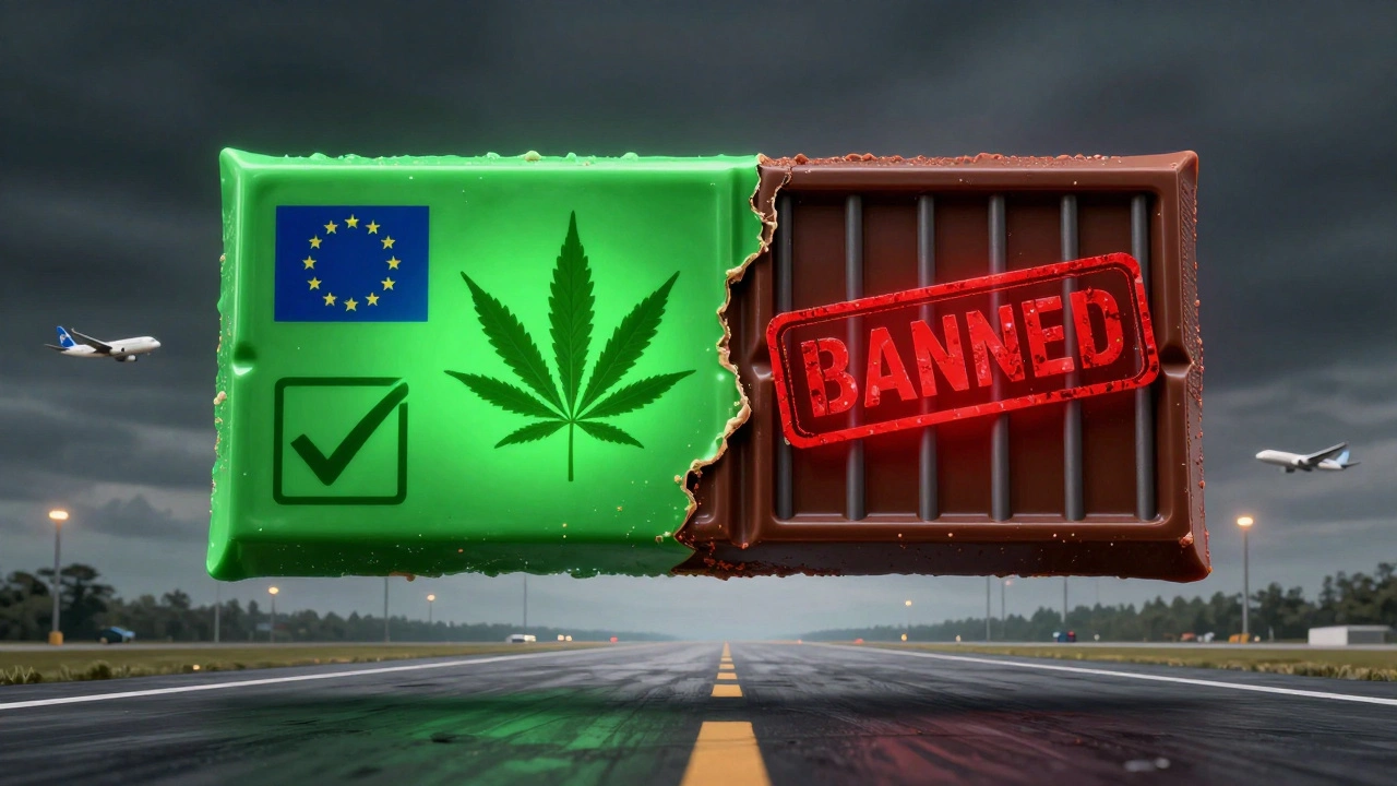 Gespaltenes Schokoladenstück: eine Seite legal, andere Seite verboten, über Flughafenlandebahn.