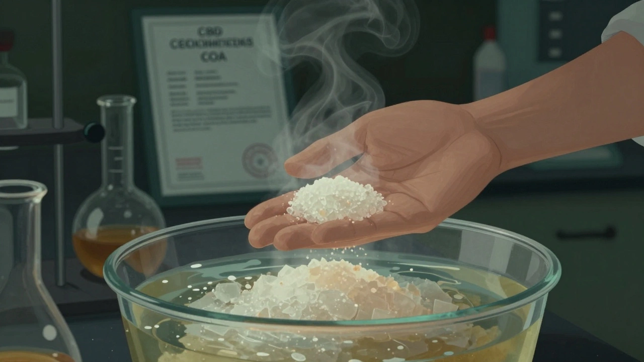 Hand wärmt CBD-Shatter über Wasserbad, feiner Duft steigt auf