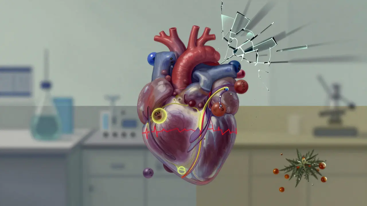 Human heart surrounded by CBD molecules and hidden THC traces, with arrhythmia patterns.