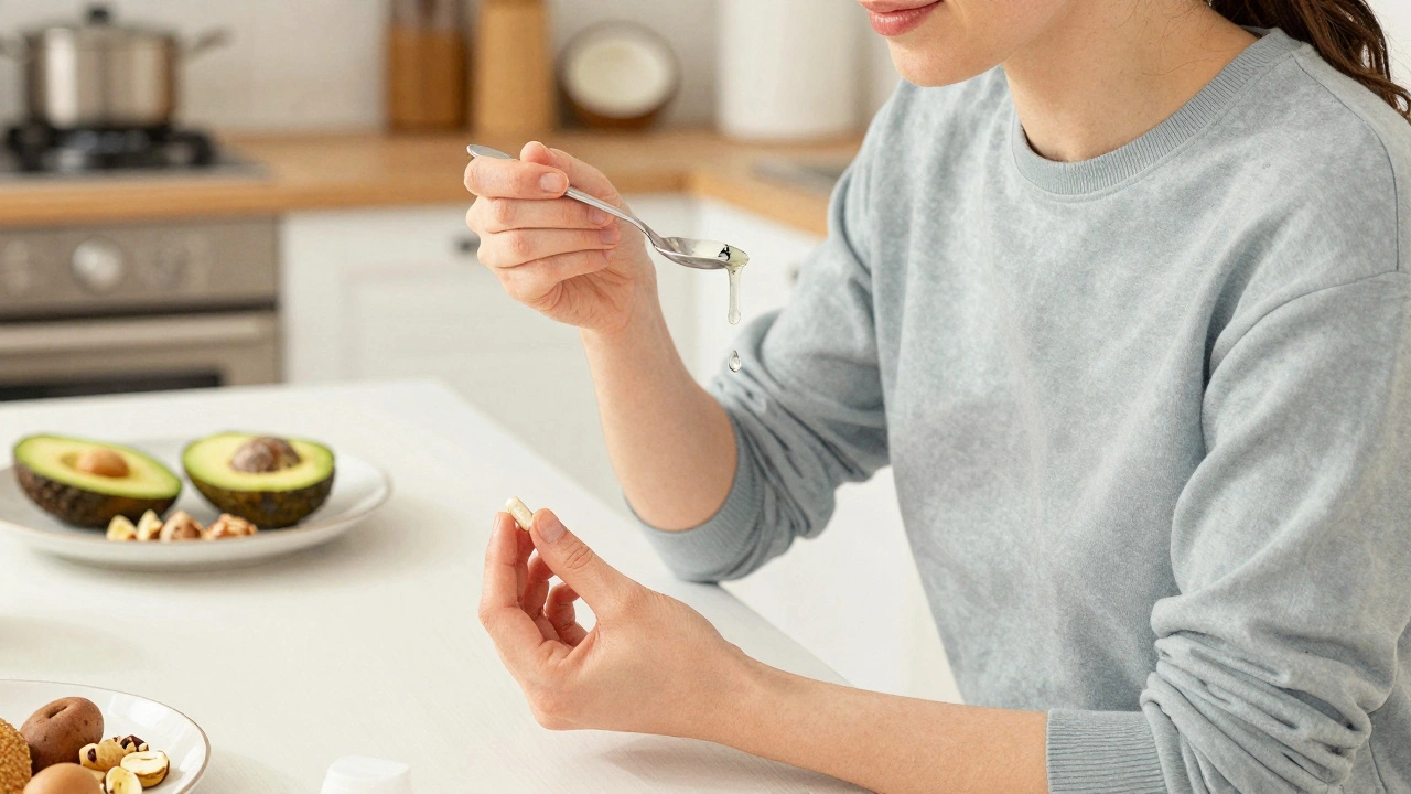 Jemand nimmt CBD-Kapsel drei Minuten nach dem Essen ein.