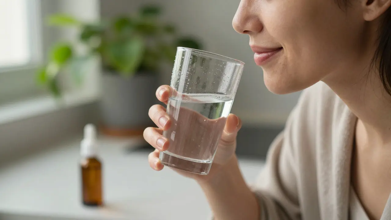 Jemand trinkt ein Glas Wasser nach der Einnahme von CBD-Öl, in einer freundlichen Küchenumgebung.