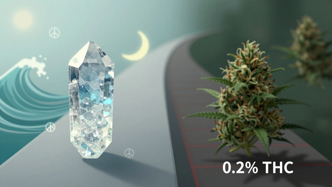 Konzeptuelle Darstellung: Reines CBD als klares Kristall neben einem verschwommenen Hanfblüten-Schatten.