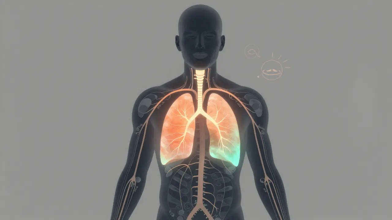 Körpersilhouette mit leuchtenden CBD-Wirkwegen durch Lunge und Blutkreislauf.