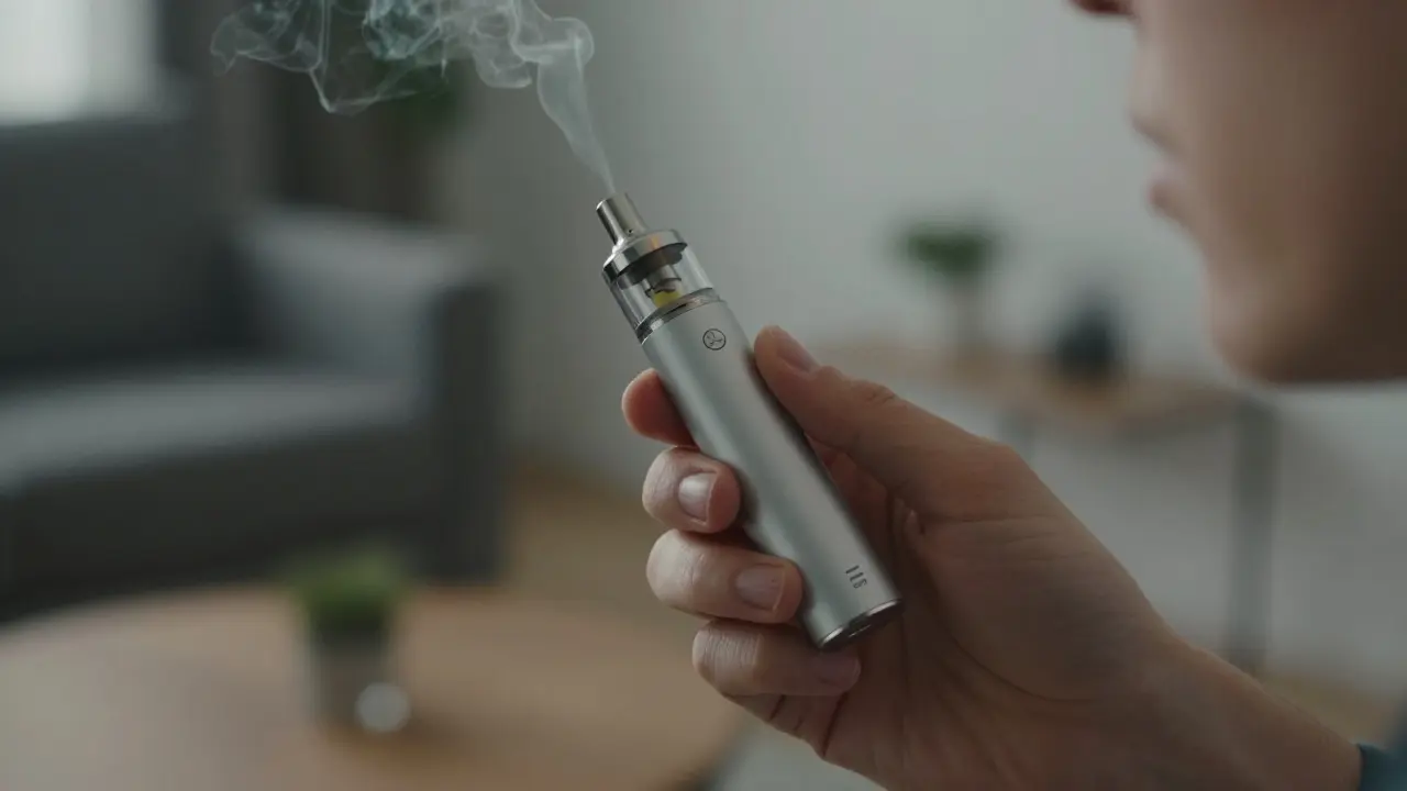 Nahaufnahme einer Hand, die vorsichtig drei Züge aus einem CBD-Vaporizer nimmt, mit sichtbarer CBD-Konzentration.