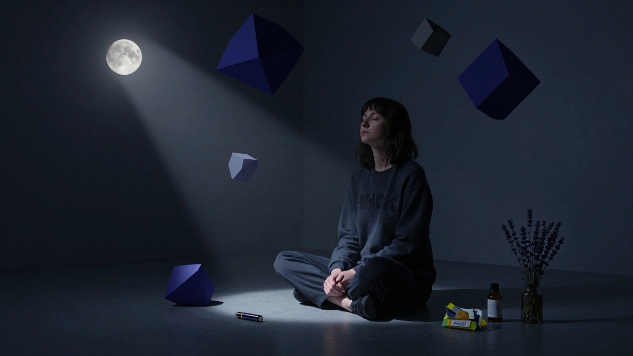 Person in dunklem Raum, von schwerer Sedierung umgeben, CBD-Flasche und Lavendel im Hintergrund.