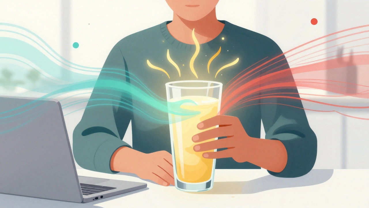 Person mit CBD-Getränk, ruhige Energie wellt sich um sie herum