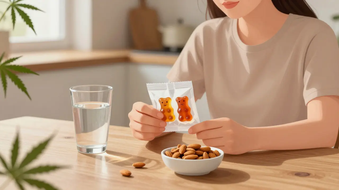 Person nimmt CBD-Gummibärchen ein, begleitet von Wasser und Mandeln, morgendliches Licht im Hintergrund.