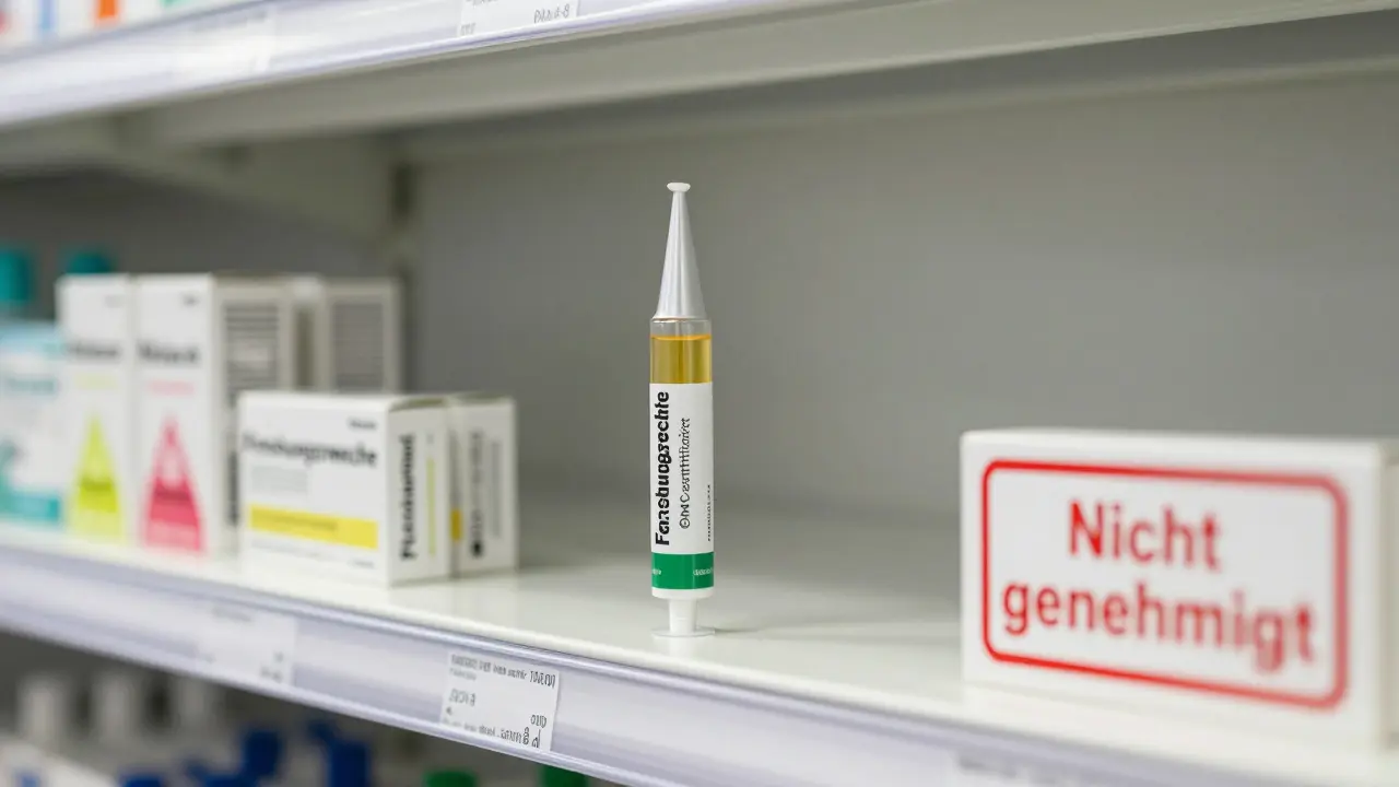 Regal mit CBD- und Delta-8-Kartuschen in Deutschland: CBD klar sichtbar, Delta-8 unter einem rechtlichen Warnstempel versteckt.