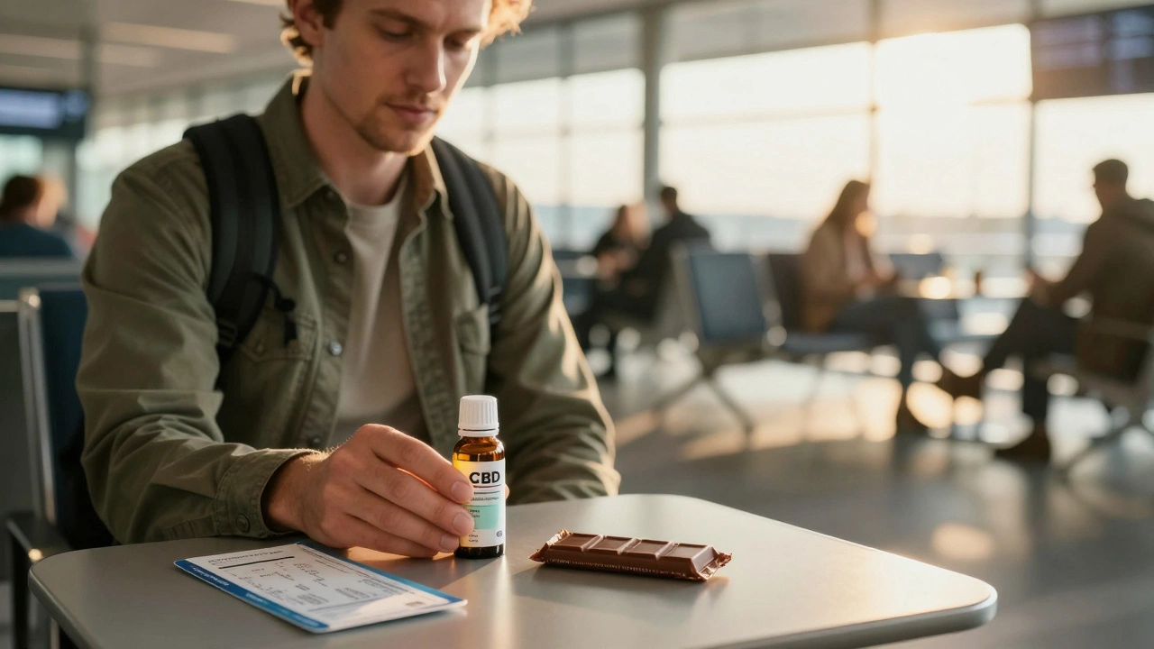 Reisender mit medizinischem CBD-Öl und Rezept an einem Flughafensitz, ruhige Atmosphäre.