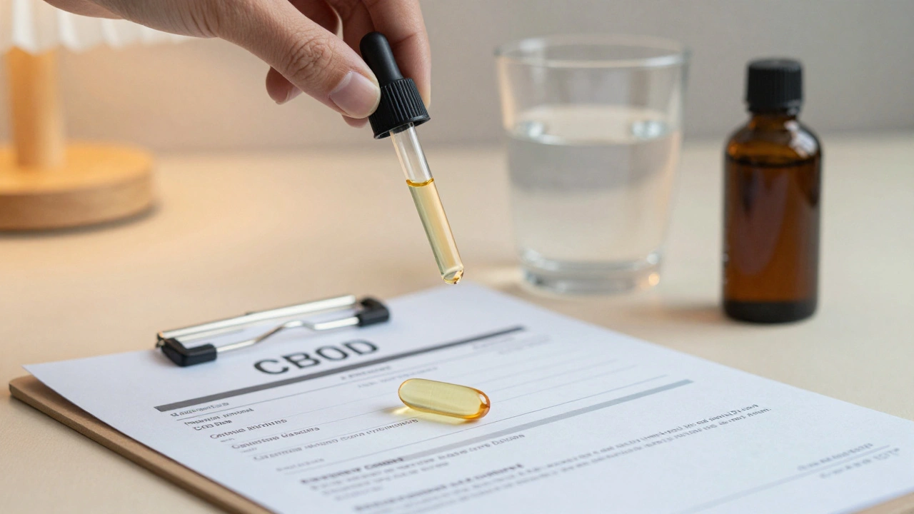 Tägliche Routine: CBD-Öl-Tropfen, Fischölkapsel und Laborzertifikat auf einem Tisch im Morgenlicht.