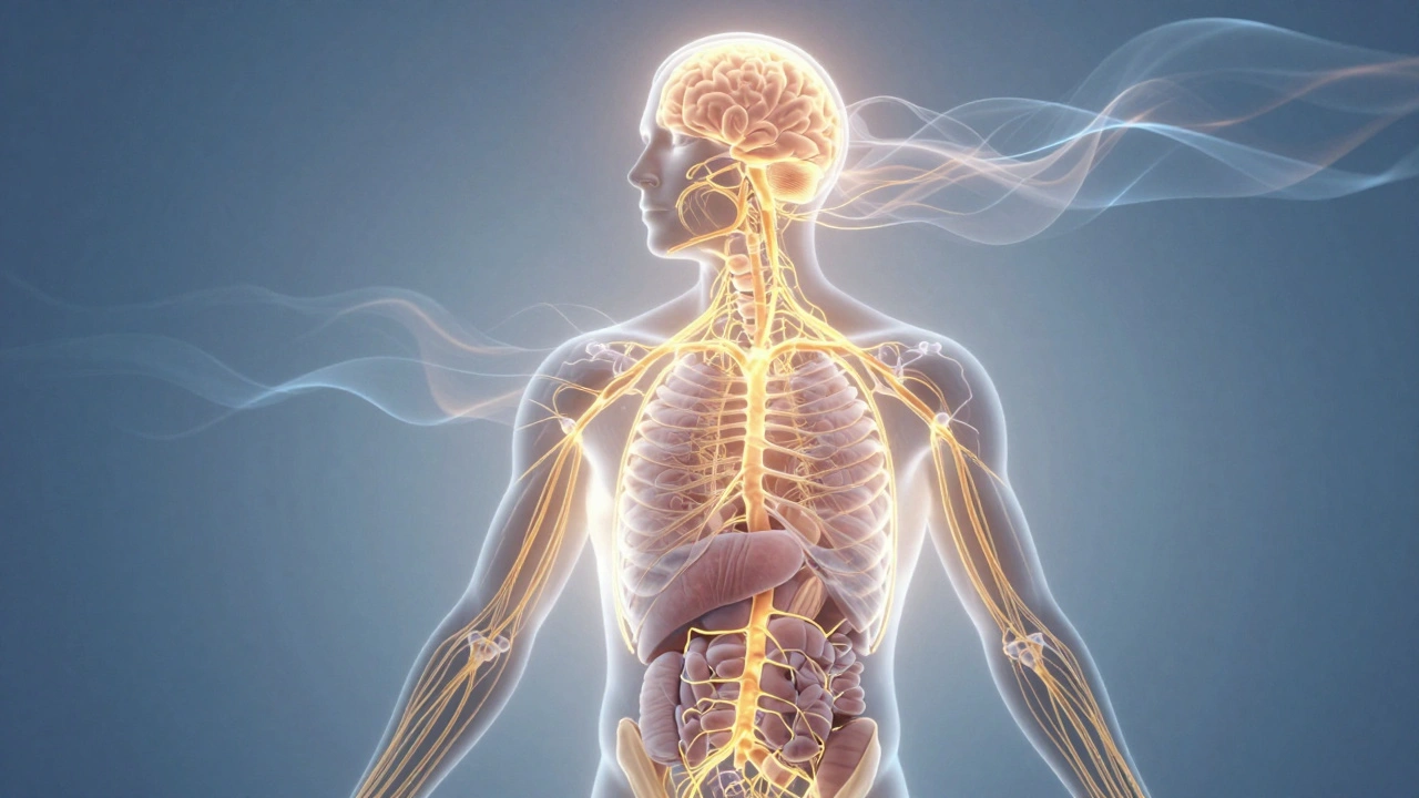 Transluzenter menschlicher Körper mit goldenem Energiefluss durch Nervensystem und Organe.