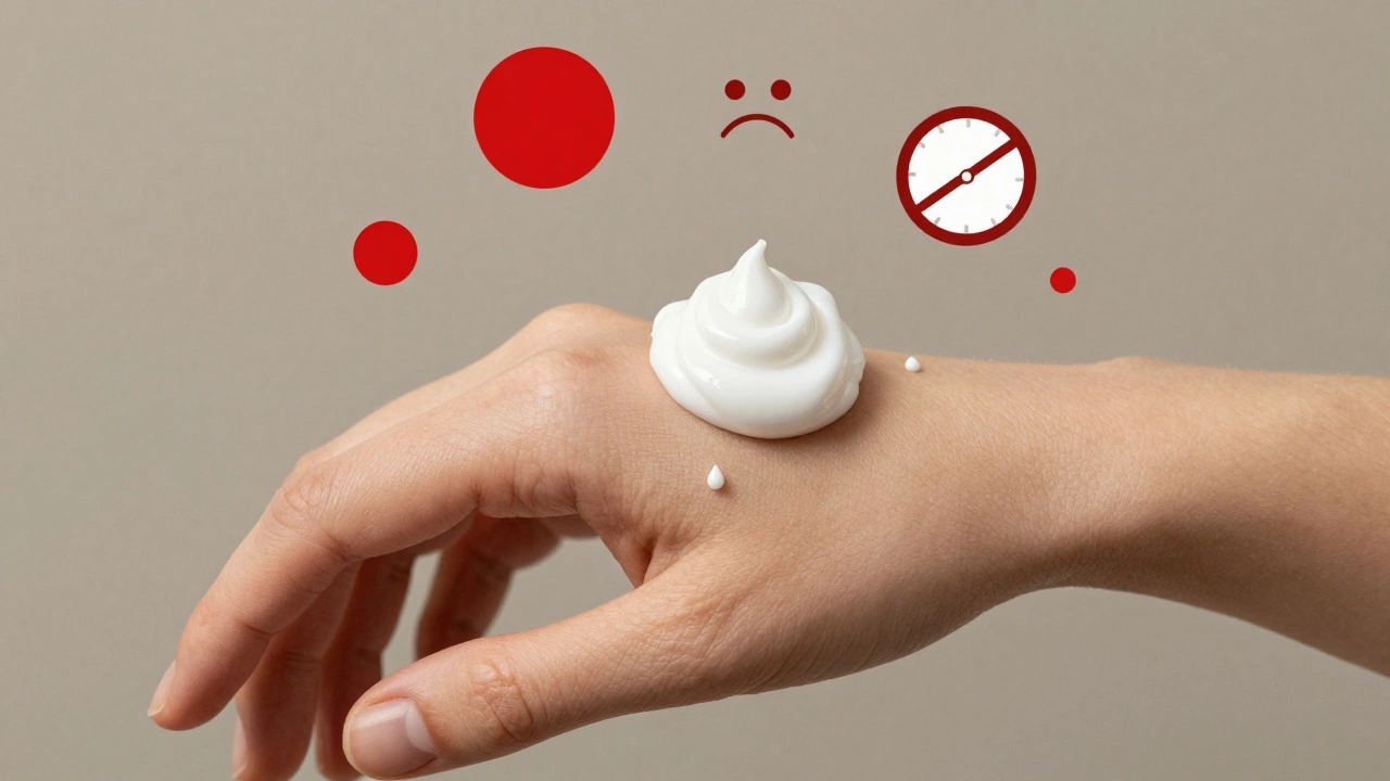 Übermäßige CBD-Creme auf der Haut, mit Symbolen für Hautirritation und Verschwendung.